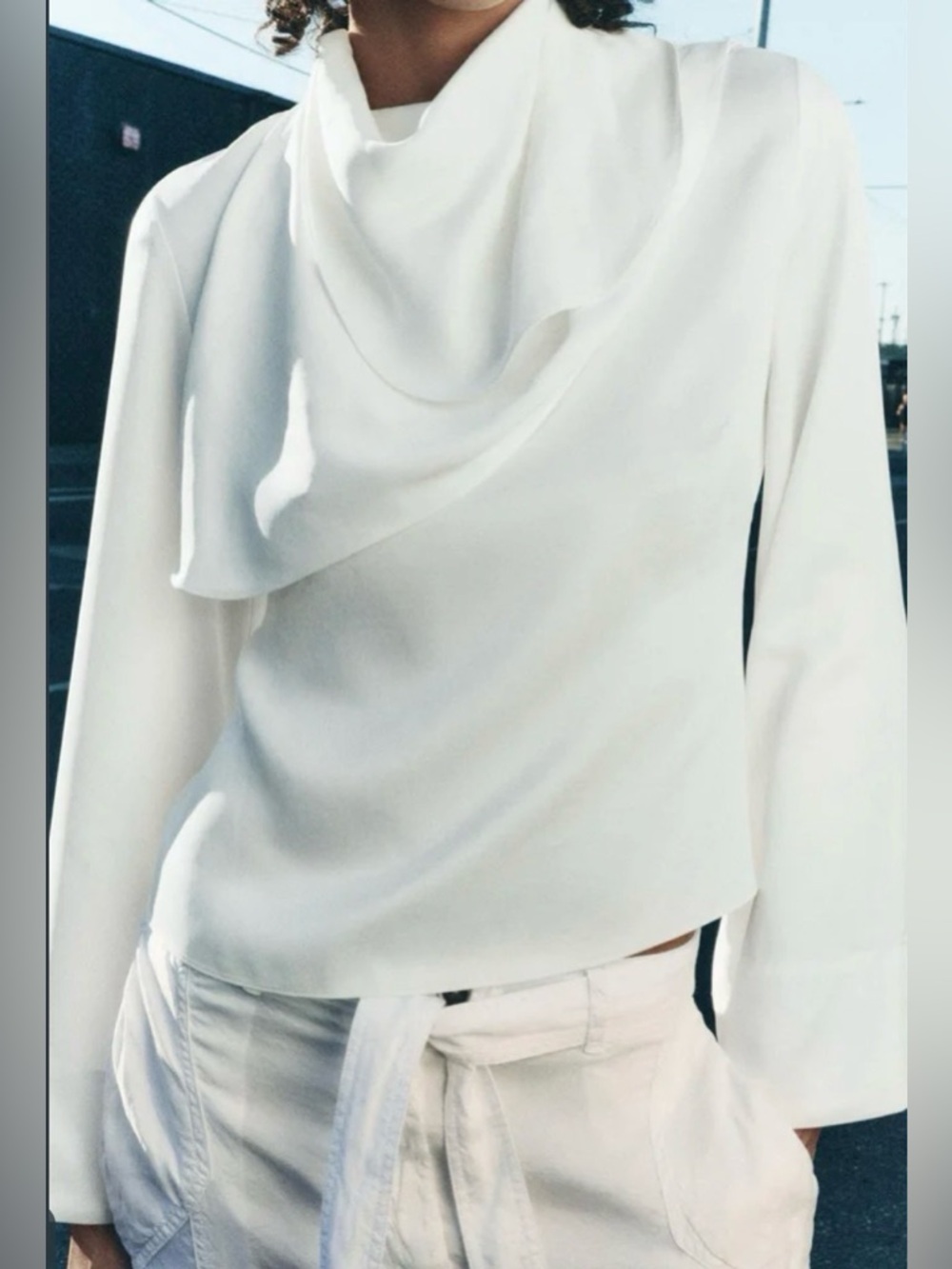 Zara Women’s Ivory Draped Scarf Neck Satin Blouse Size S